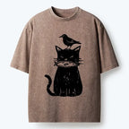 Kyoto-Lion Black Cat With Fish And Bird Washed T-Shirt