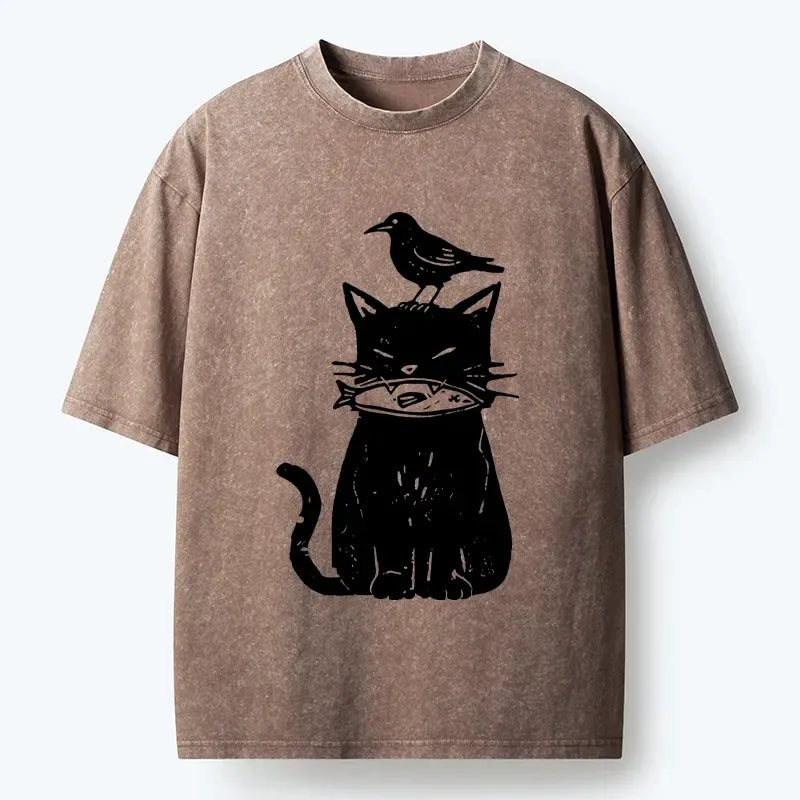 Kyoto-Lion Black Cat With Fish And Bird Washed T-Shirt