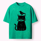 japanese black cat washed t-shirt for daily wear