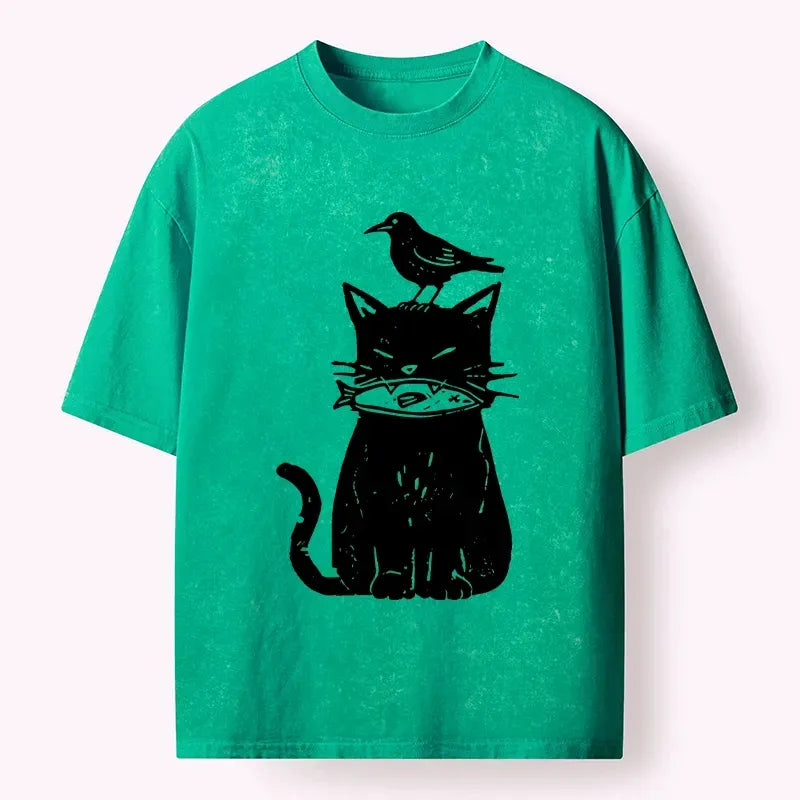 japanese black cat washed t-shirt for daily wear