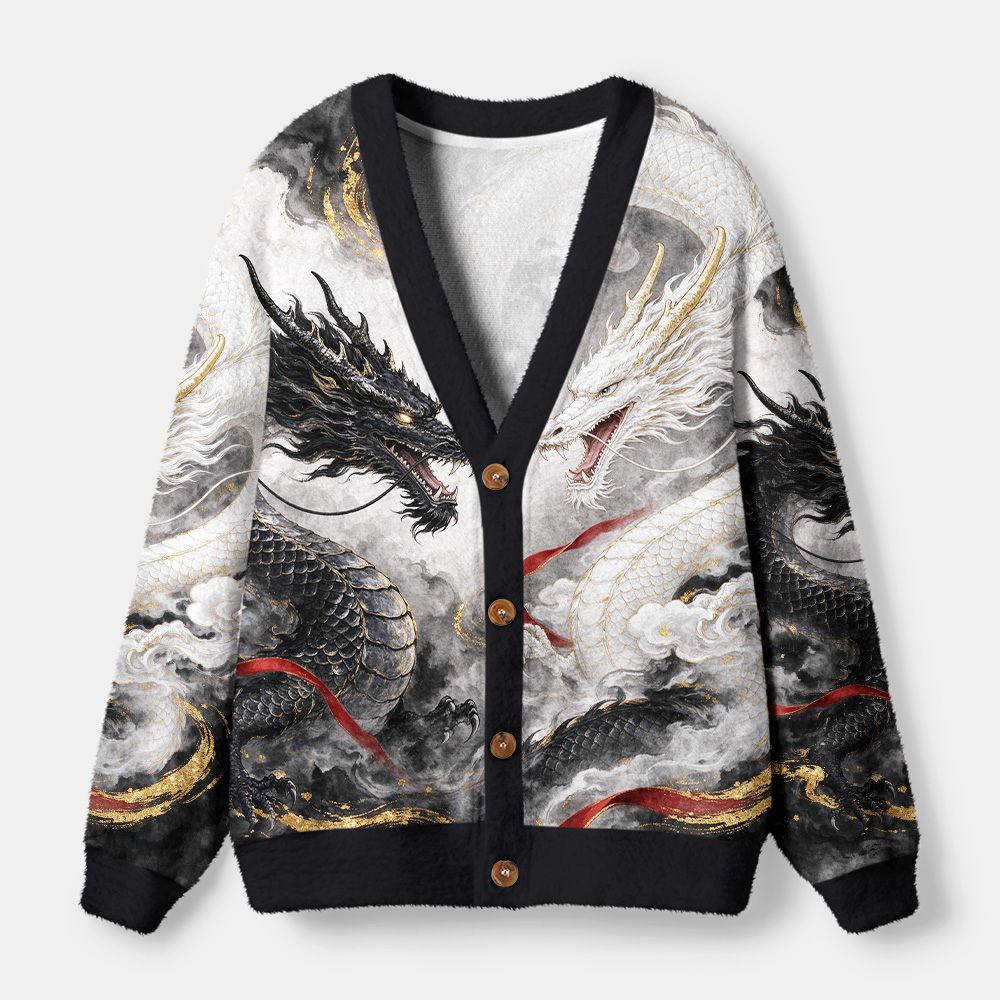 Kyoto-Lion Yin-Yang Twin Dragons Ugly Cardigan Sweater