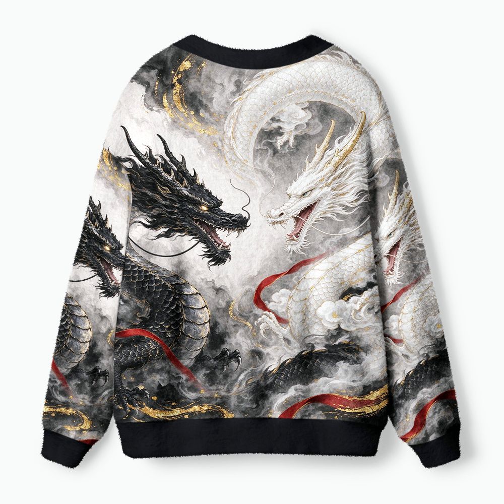Kyoto-Lion Yin-Yang Twin Dragons Ugly Cardigan Sweater