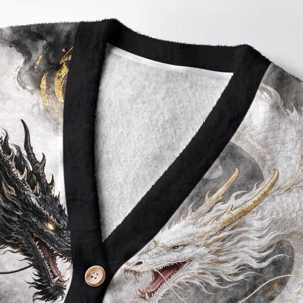 Kyoto-Lion Yin-Yang Twin Dragons Ugly Cardigan Sweater