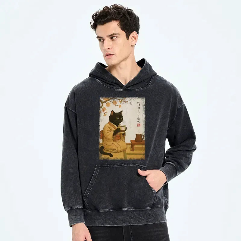 Kyoto-Lion Cat Heart Full Of Coffee Washed Hoodie