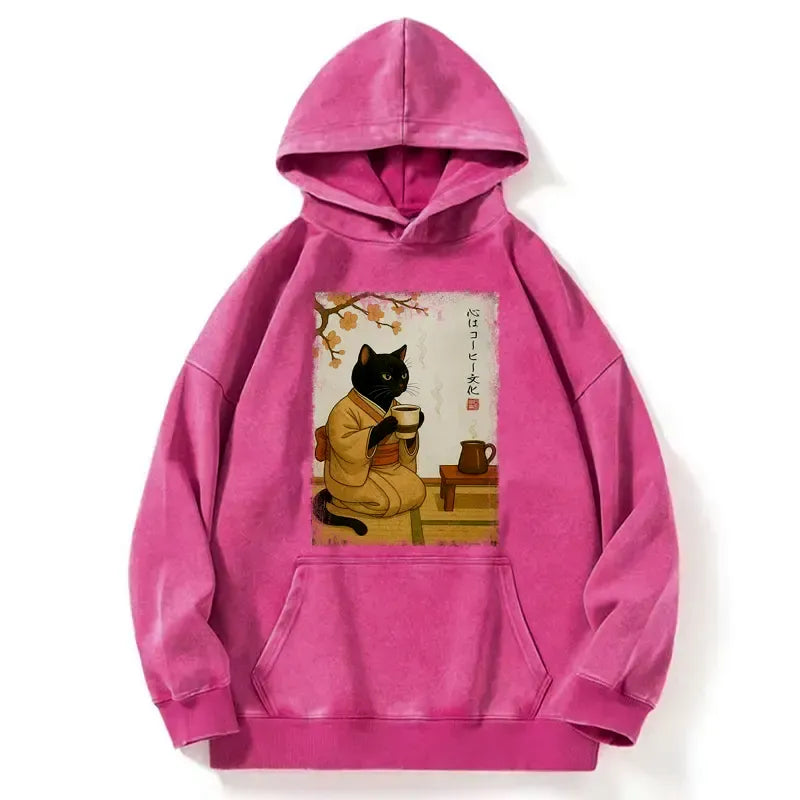 Kyoto-Lion Cat Heart Full Of Coffee Washed Hoodie