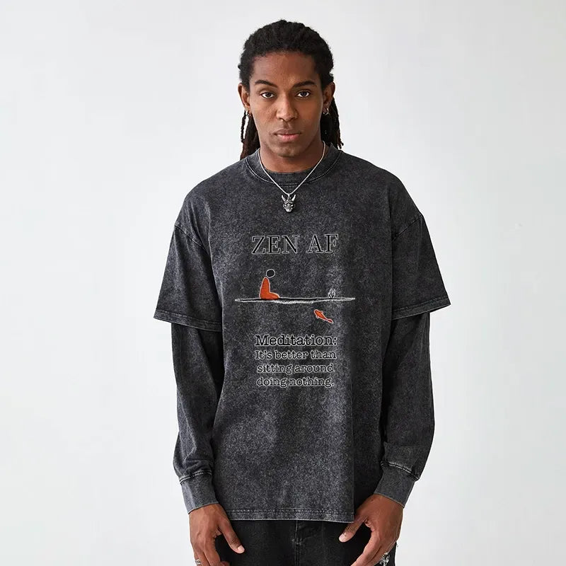 Kyoto-Lion Zen Vibes Only: The Power of Meditation Washed Double Layer T-Shirt