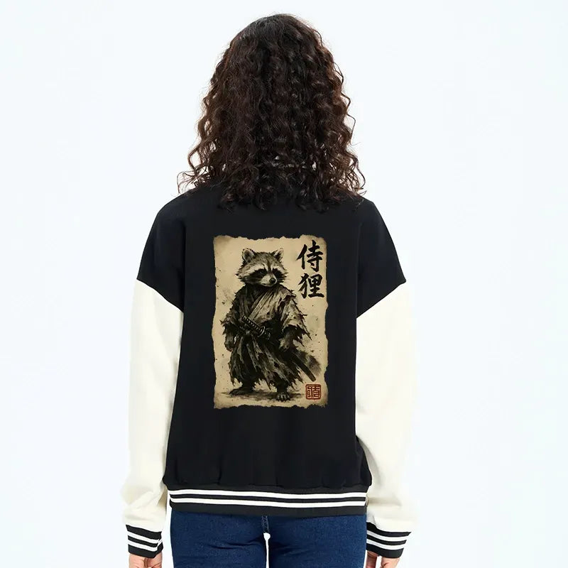 Kyoto-Lion Retro Raccoon Samurai Embroidery Varsity Jacket