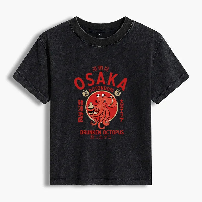 Kyoto-Lion Drunken Octopus Japan Women's Washed T-shirt