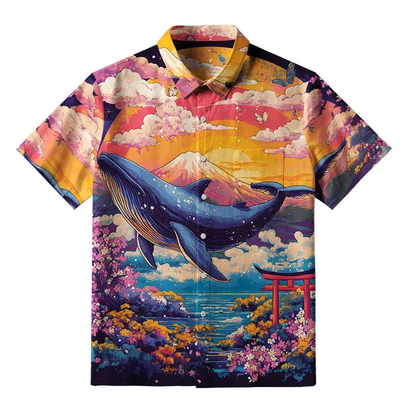 Kyoto-Lion Whale Over The Sea Of Flowers Button-up Shirt