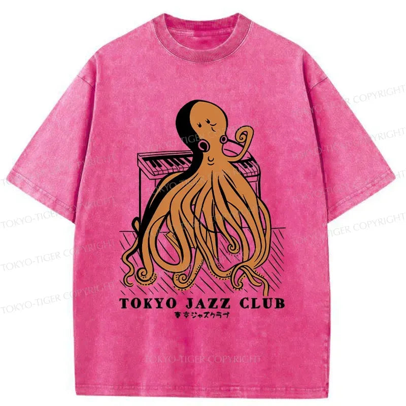 Kyoto-Lion Octopus Playing Piano Washed T-Shirt