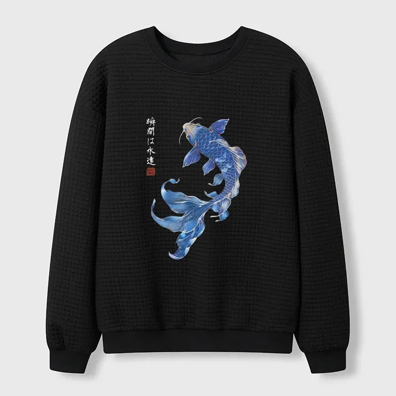 Kyoto-Lion Lucky Blue Koi Fish Art Waffle Sweatshirt