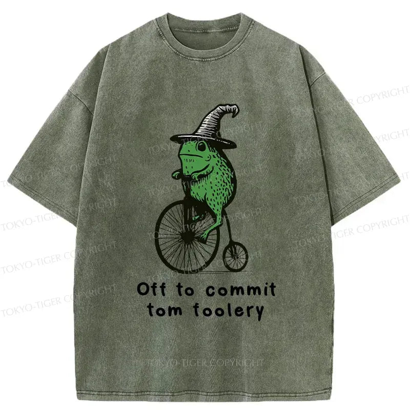 Kyoto-Lion Frog Riding Penny-farthing Washed T-Shirt