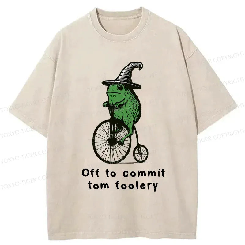 Kyoto-Lion Frog Riding Penny-farthing Washed T-Shirt