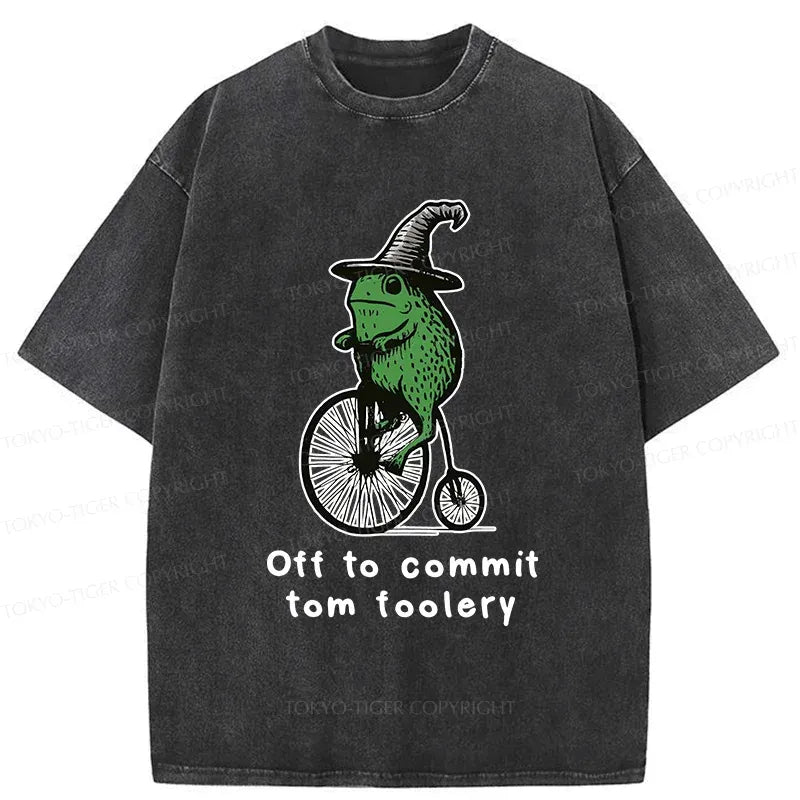 Kyoto-Lion Frog Riding Penny-farthing Washed T-Shirt