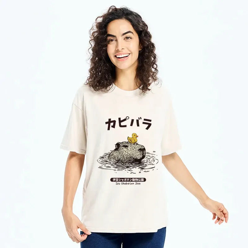 Kyoto-Lion Relaxed Hot Spring Capybara Washed T-Shirt