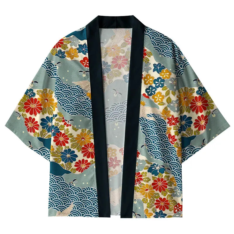 Kyoto-Lion Colorful Flowers And Waves Kimono Cardigan