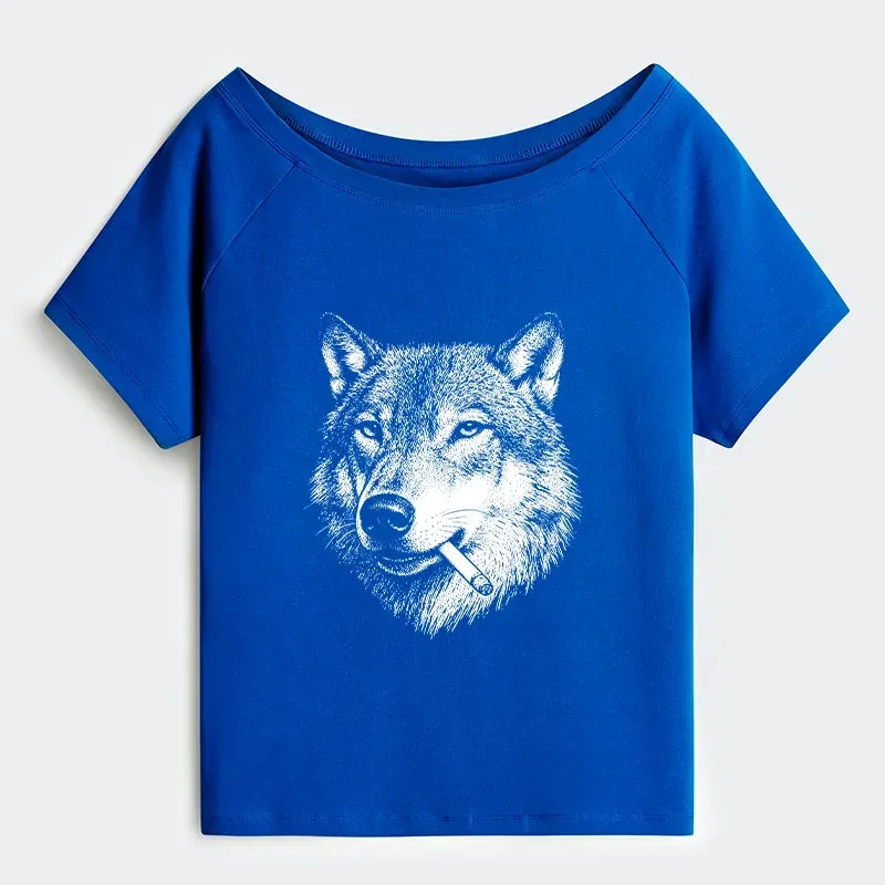 Japanese Meme Wolf Off Shoulder T-Shirt