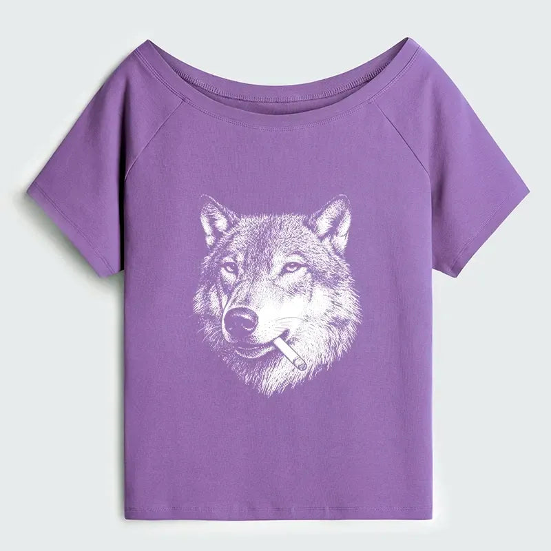 Japanese Meme Wolf Off Shoulder T-Shirt