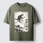 Kyoto-Lion Funny Cat Riding Crane Art Washed T-Shirt