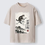 Kyoto-Lion Funny Cat Riding Crane Art Washed T-Shirt