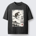 Kyoto-Lion Funny Cat Riding Crane Art Washed T-Shirt