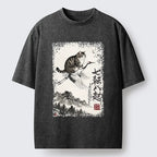 Kyoto-Lion Funny Cat Riding Crane Art Washed T-Shirt
