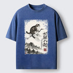 Kyoto-Lion Funny Cat Riding Crane Art Washed T-Shirt