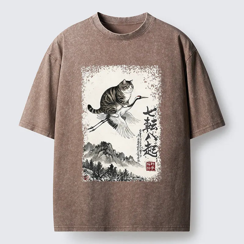 Kyoto-Lion Funny Cat Riding Crane Art Washed T-Shirt