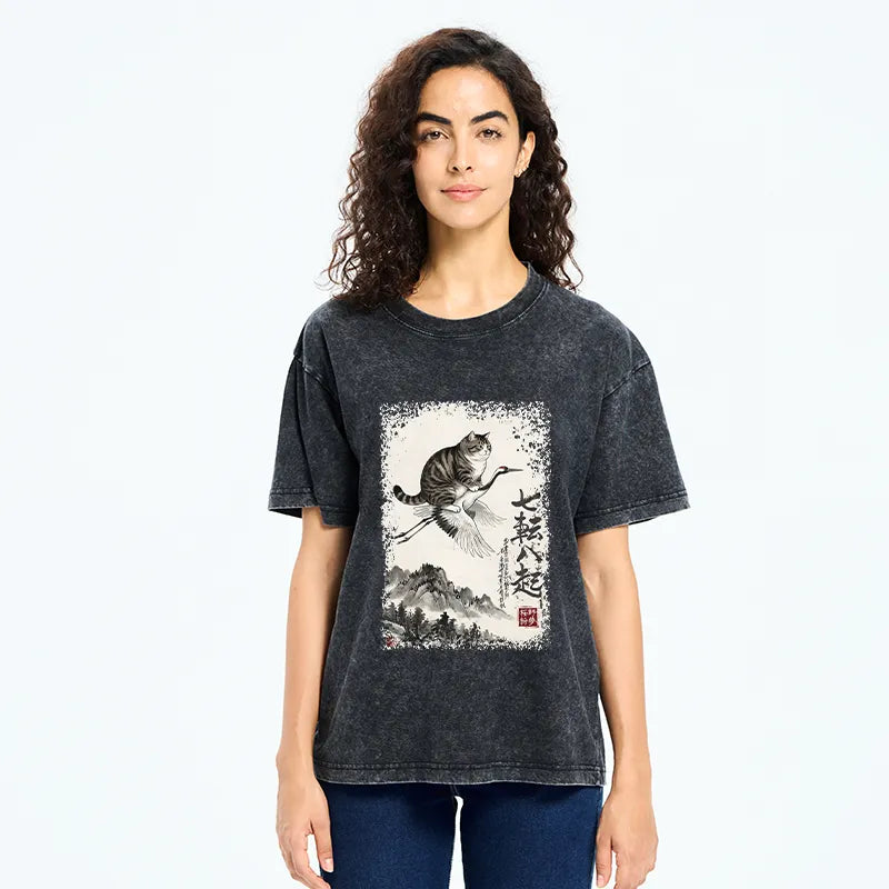Kyoto-Lion Funny Cat Riding Crane Art Washed T-Shirt