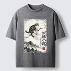 Kyoto-Lion Funny Cat Riding Crane Art Washed T-Shirt