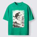 Kyoto-Lion Funny Cat Riding Crane Art Washed T-Shirt