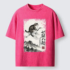 Kyoto-Lion Funny Cat Riding Crane Art Washed T-Shirt