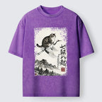 Kyoto-Lion Funny Cat Riding Crane Art Washed T-Shirt