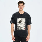 Kyoto-Lion Funny Cat Riding Crane Art Washed T-Shirt