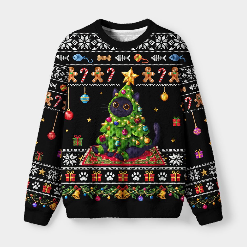 Kyoto-Lion Cute Christmas Tree Cat Black Version Fuzzy Christmas Ugly Sweatshirt