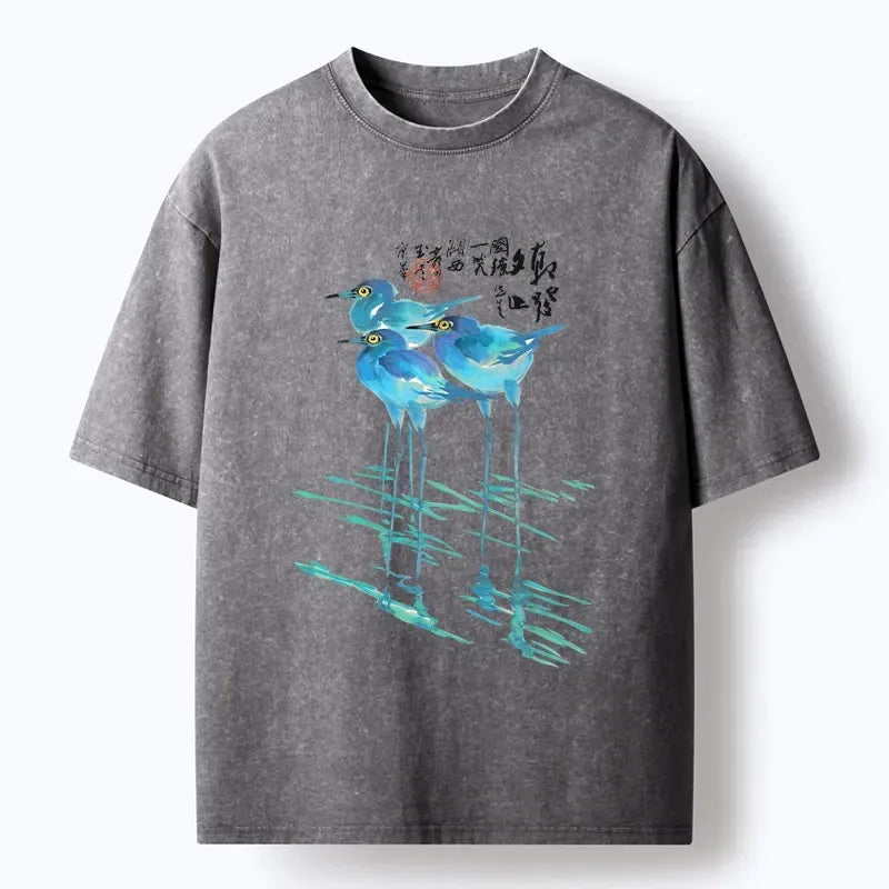 Kyoto-Lion Watercolor Herons In Reeds Washed T-Shirt