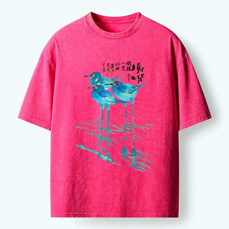 Kyoto-Lion Watercolor Herons In Reeds Washed T-Shirt