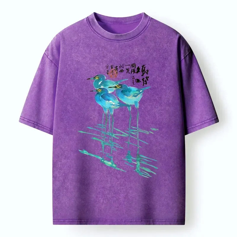 Japanese Watercolor Herons T-Shirt for Daily Wear
