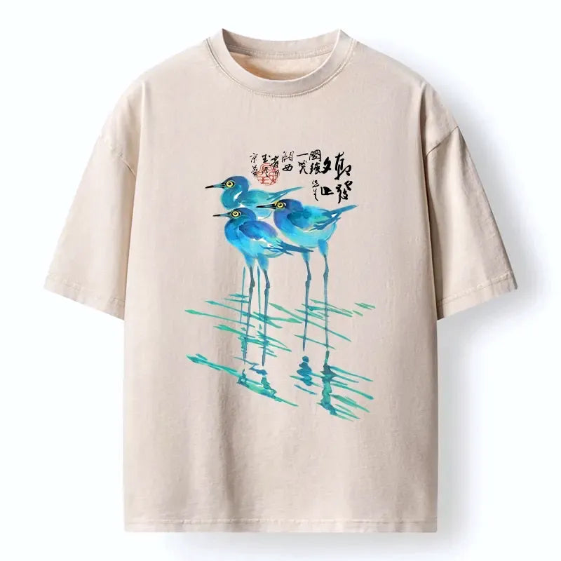 Japanese Watercolor Herons T-Shirt for Daily Wear