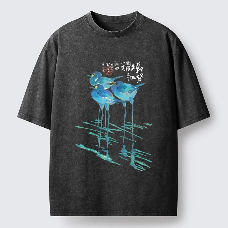 Japanese Watercolor Herons T-Shirt for Daily Wear