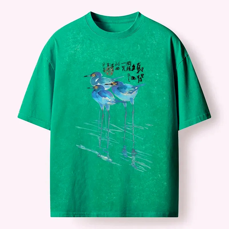 Japanese Watercolor Herons T-Shirt for Daily Wear