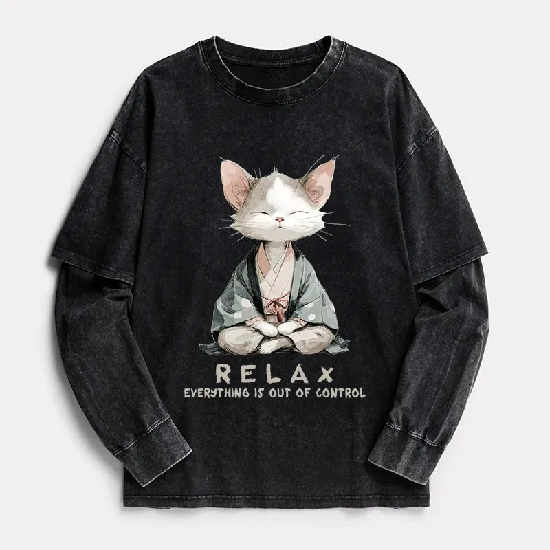 Kyoto-Lion Zen Cat Relaxation£¬Everything's Out Of Control Washed Double Layer T-Shirt