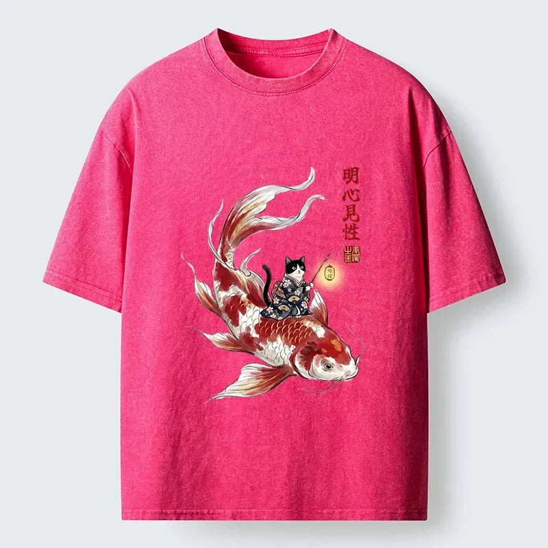 Kyoto-Lion Cute Kimono Cat On Koi Fish Washed T-Shirt