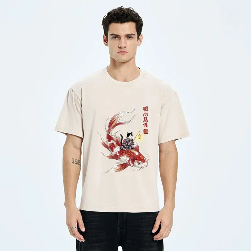 Kyoto-Lion Cute Kimono Cat On Koi Fish Washed T-Shirt