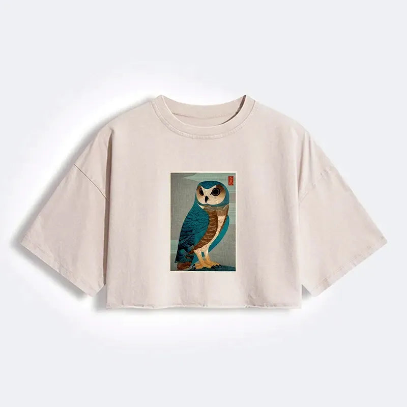 Kyoto-Lion Vintage Owl Woodblock Art Women's Washed Crop T-Shirt