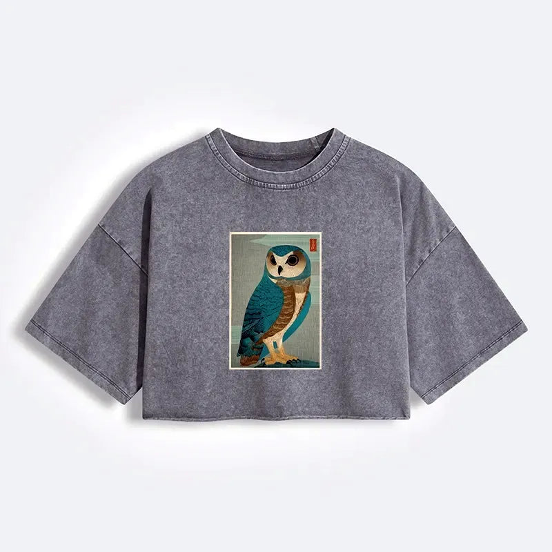 Kyoto-Lion Vintage Owl Woodblock Art Women's Washed Crop T-Shirt