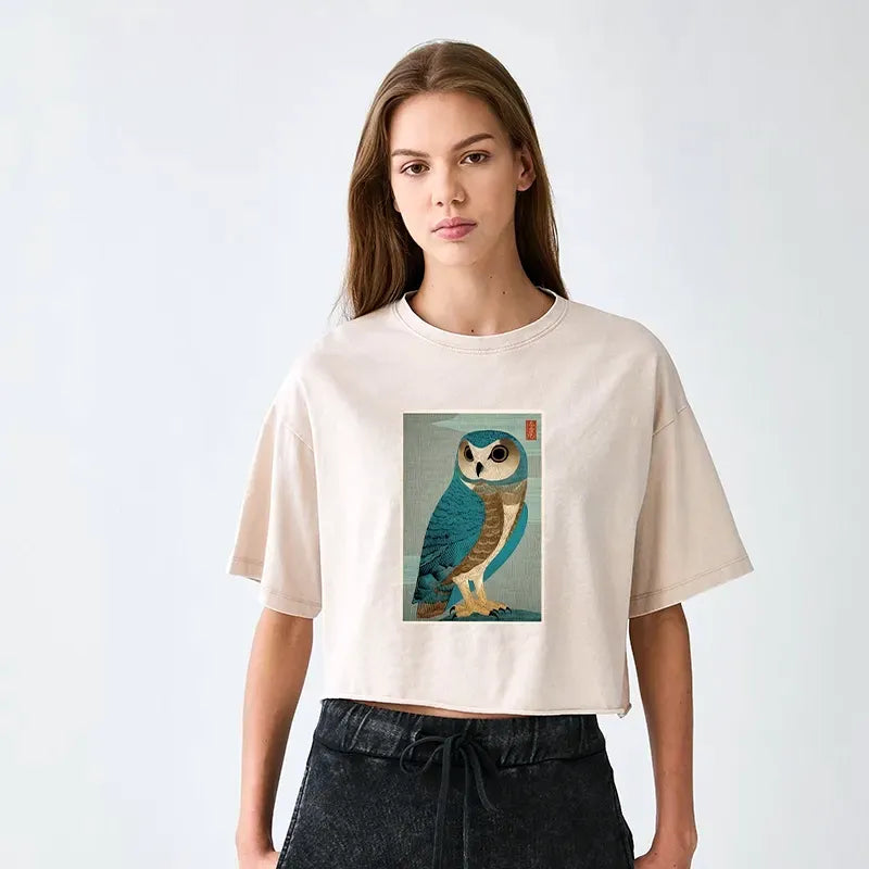 Kyoto-Lion Vintage Owl Woodblock Art Women's Washed Crop T-Shirt