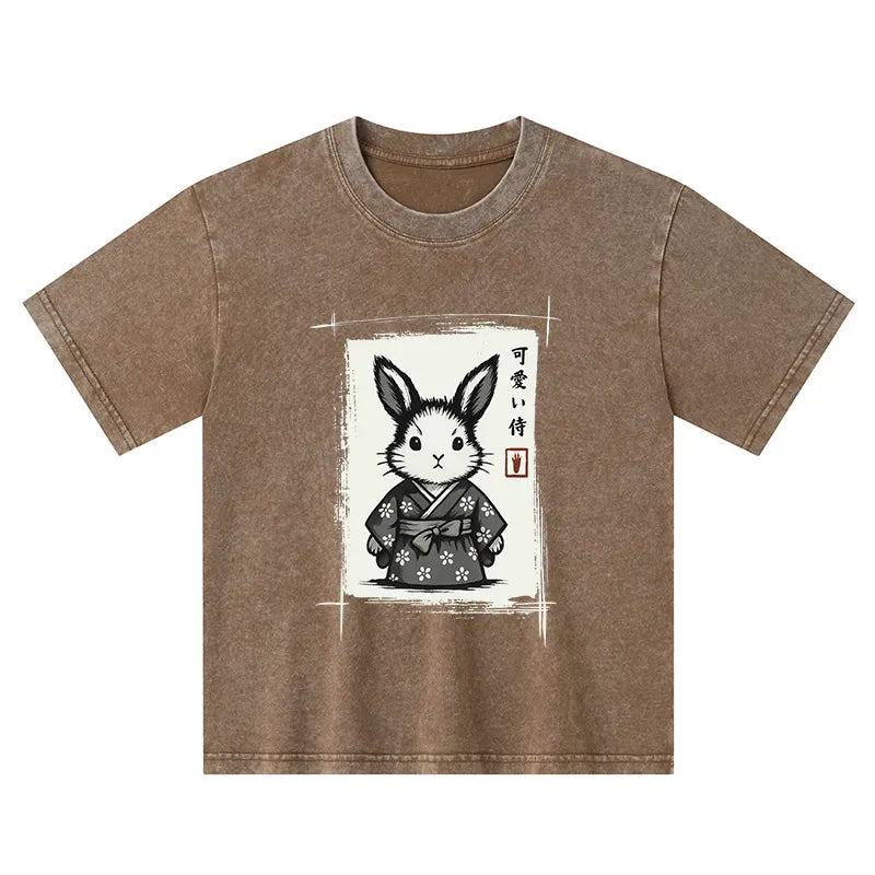 Kyoto-Lion Woodcut Bunny Kids Washed T-Shirt