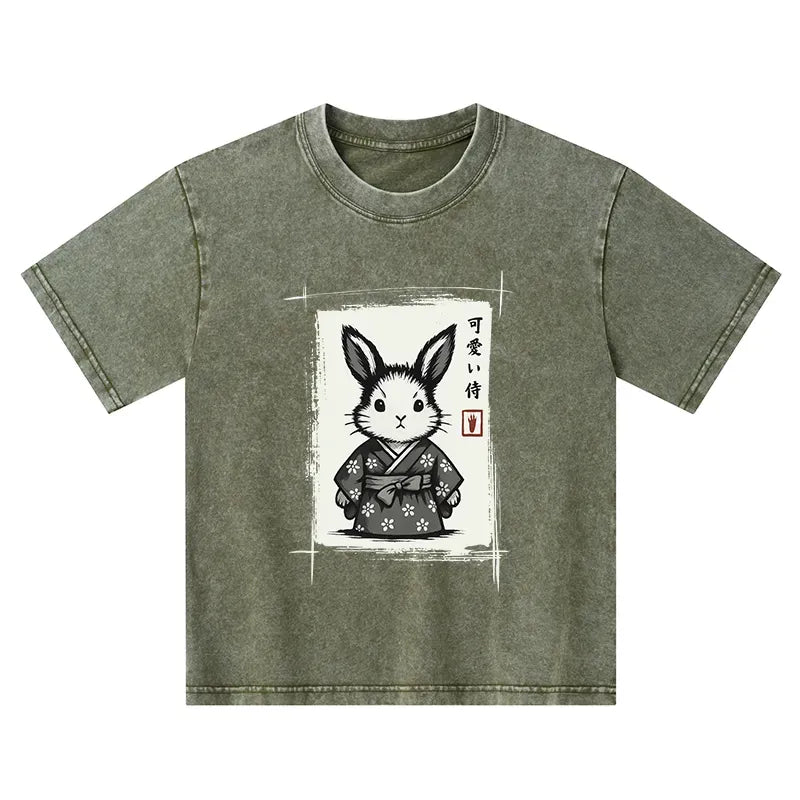 Kyoto-Lion Woodcut Bunny Kids Washed T-Shirt