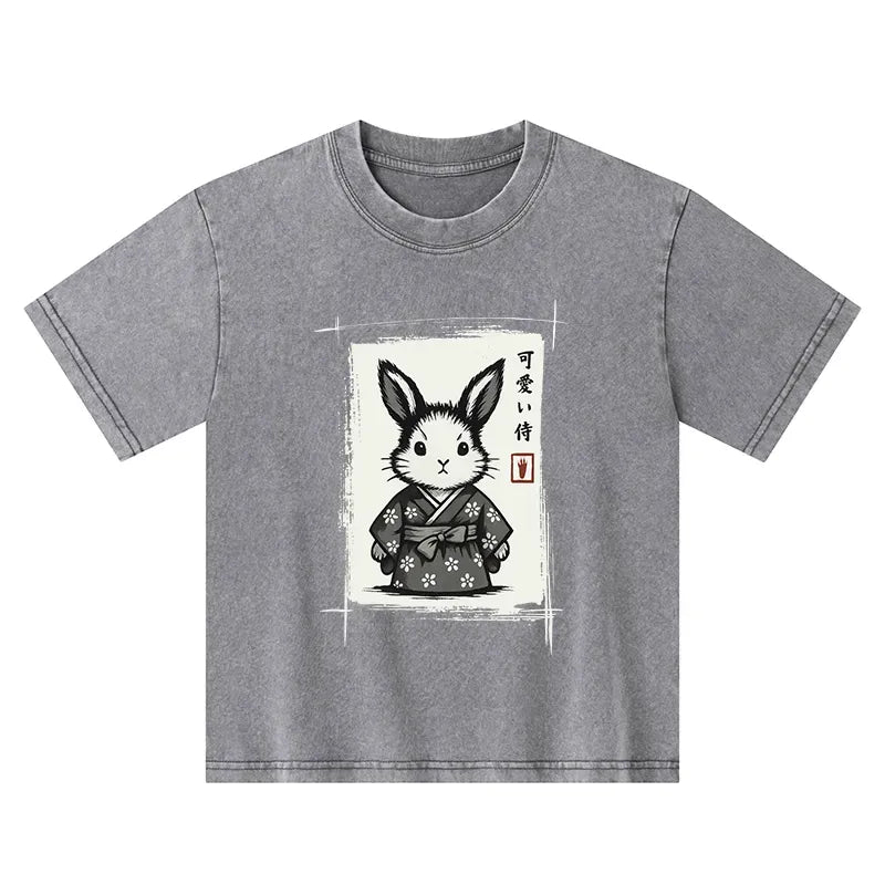Kyoto-Lion Woodcut Bunny Kids Washed T-Shirt